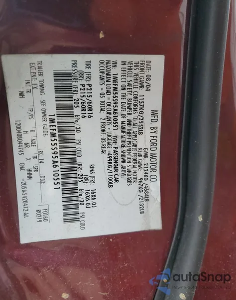 2005 Mercury Sable Ls Premium from USA, damaged, VIN 1MEFM55S95A610551